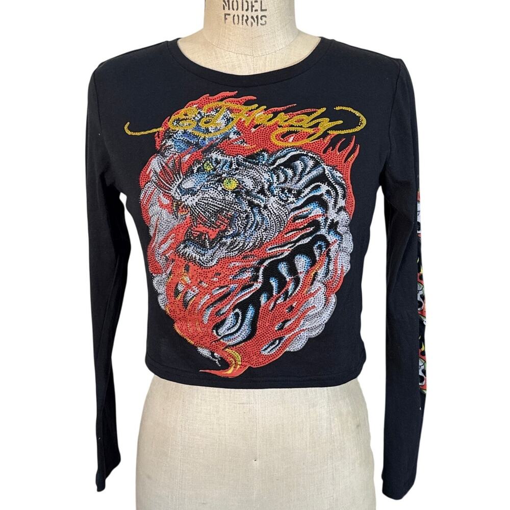 Ed Hardy Rhinestone Embellished Lion Long Sleeve Cropped T-shirt Size Large